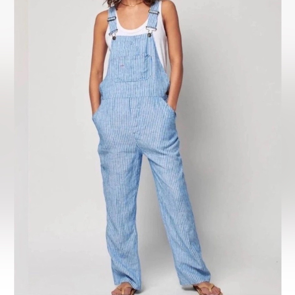 FAHERTY 100% Linen Mechanic Blue Overalls Jumpsuit Skyway Railroad Stripe $188